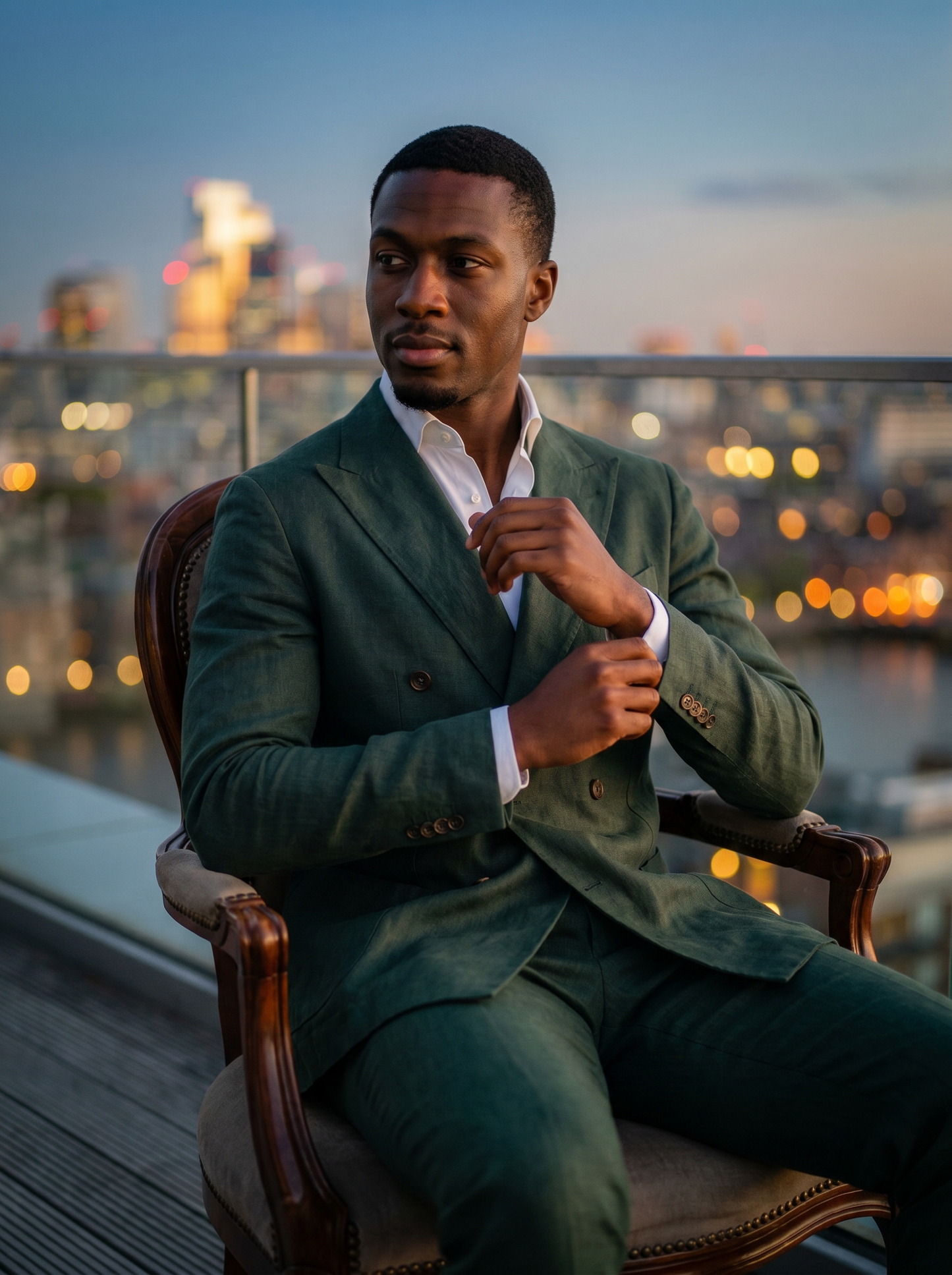 Green Linen Double Breasted Suit — Custom Made to Measure - seated view