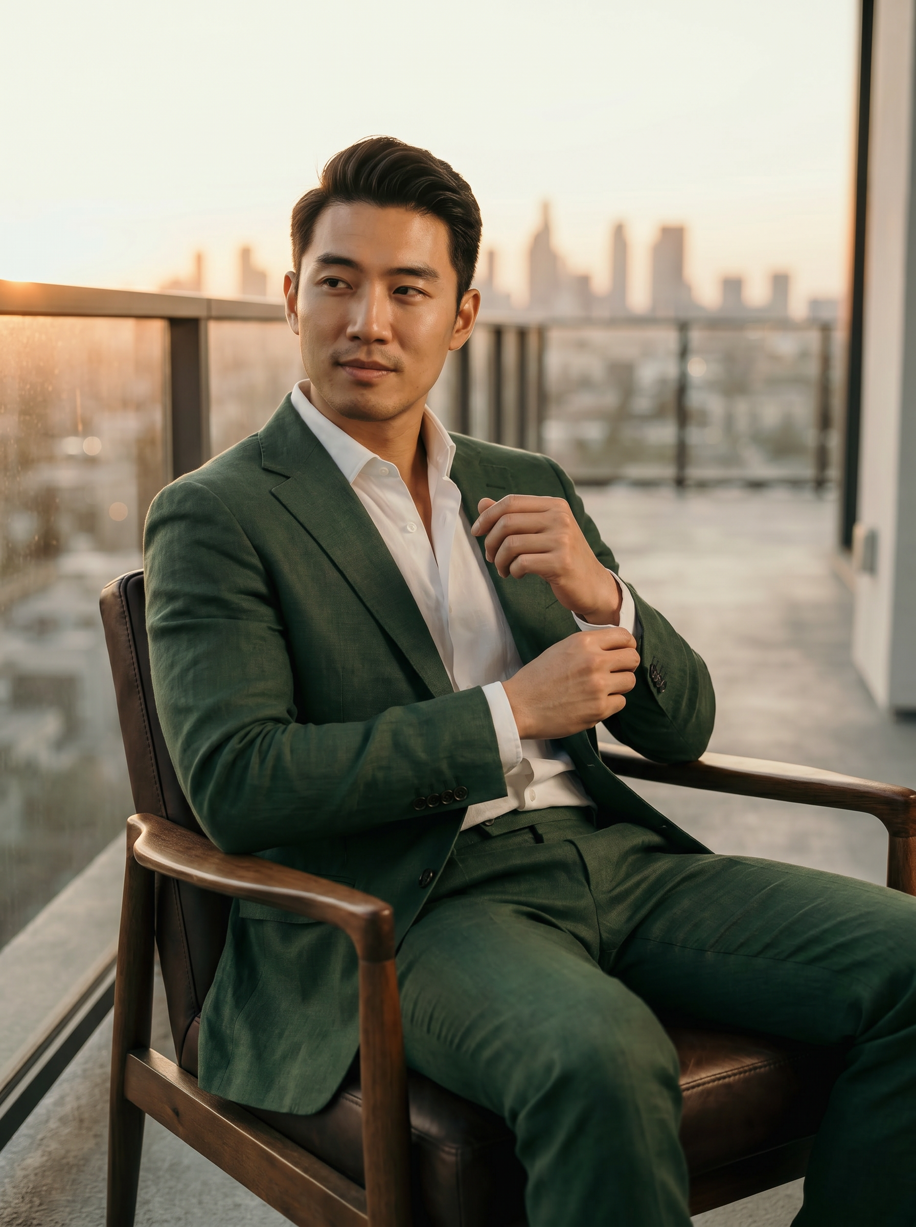 Green Linen Groomsmen Suit — Custom Made to Measure - seated view