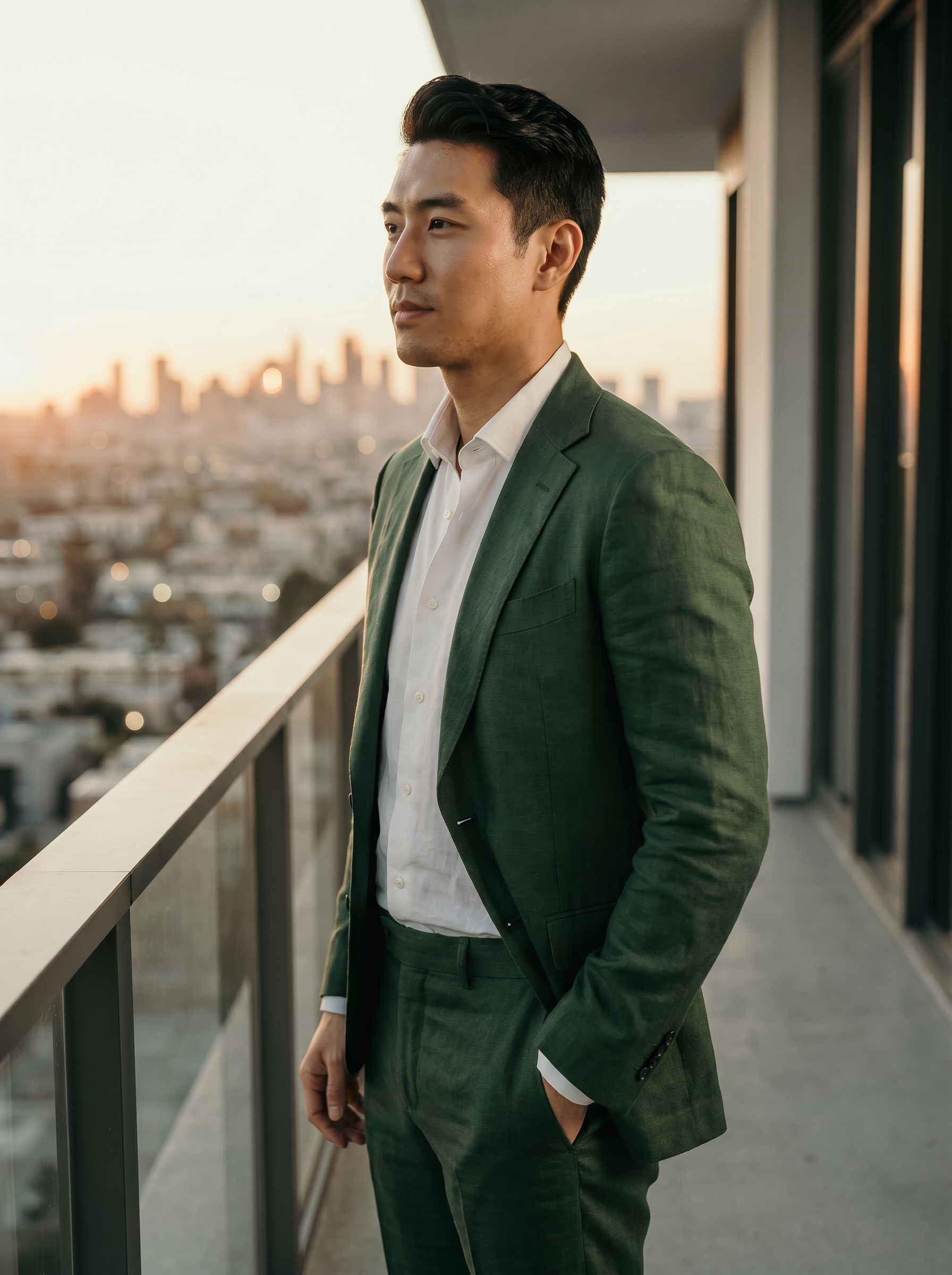 Green Linen Groomsmen Suit — Custom Made to Measure - side view