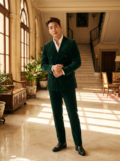 Green Velvet Double Breasted Suit — Custom Made to Measure - front view