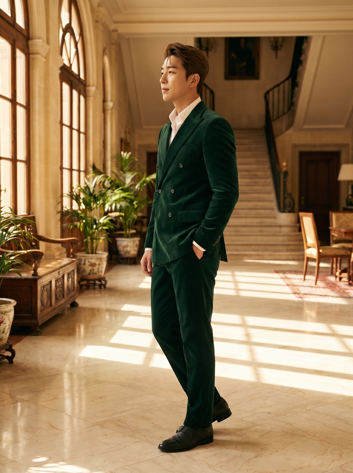 Green Velvet Double Breasted Suit — Custom Made to Measure - side view