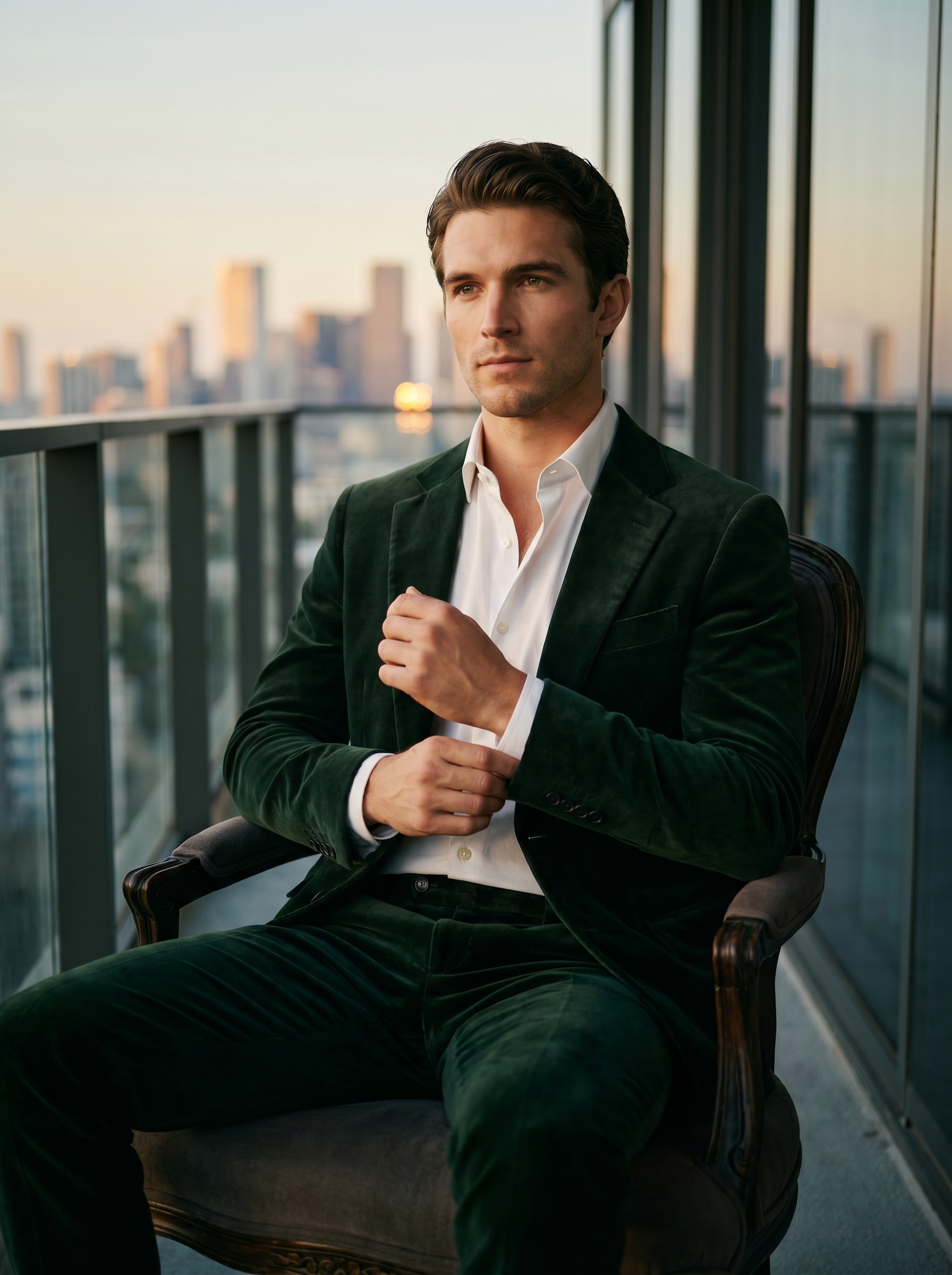 Green Velvet Suit — Custom Made to Measure - seated view