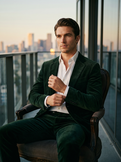 Green Velvet Suit — Custom Made to Measure - seated view