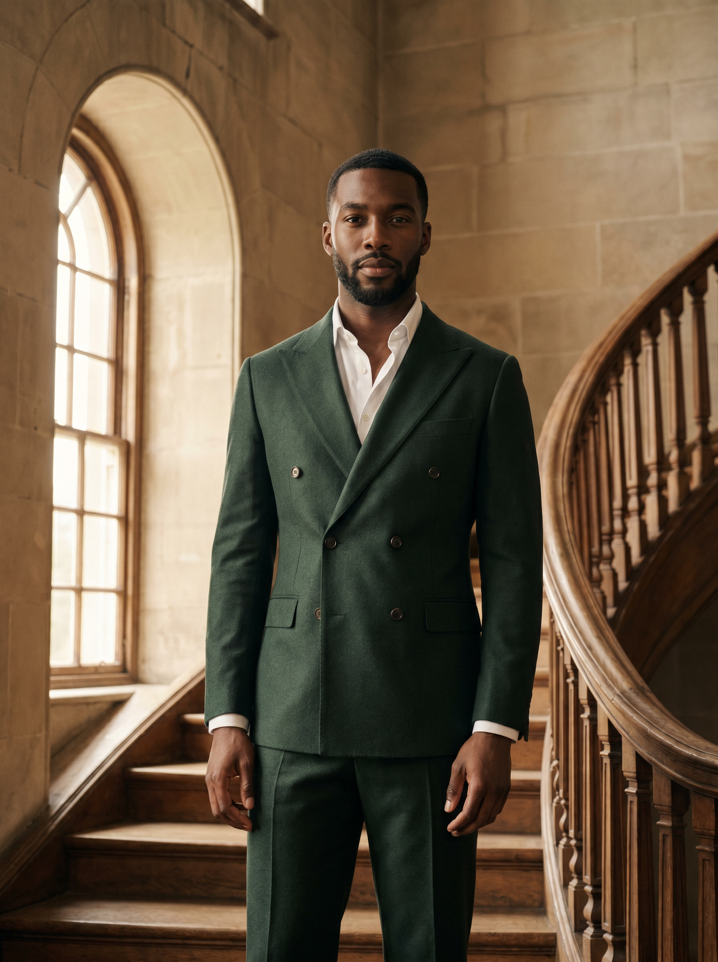 Green Wool Double Breasted Suit — Custom Made to Measure - front view