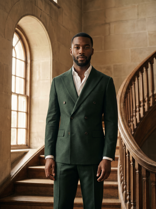 Green Wool Double Breasted Suit — Custom Made to Measure - front view