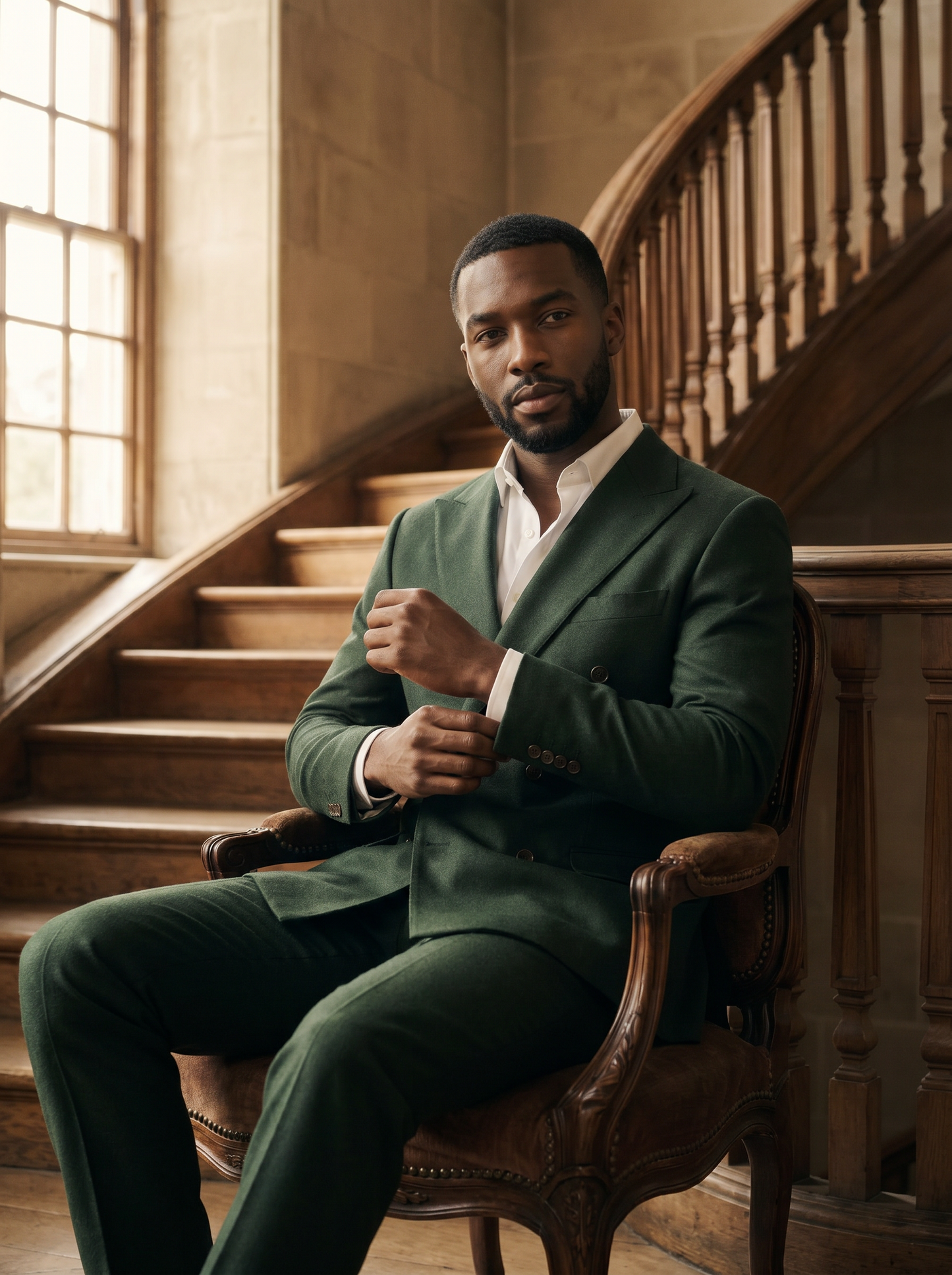 Green Wool Double Breasted Suit — Custom Made to Measure - seated view
