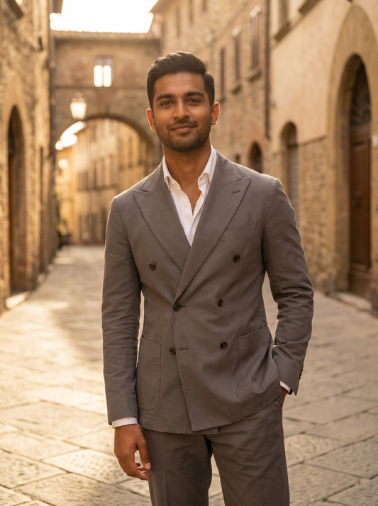 Grey Cotton Double Breasted Suit — Custom Made to Measure - front view