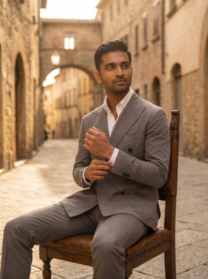 Grey Cotton Double Breasted Suit — Custom Made to Measure - seated view