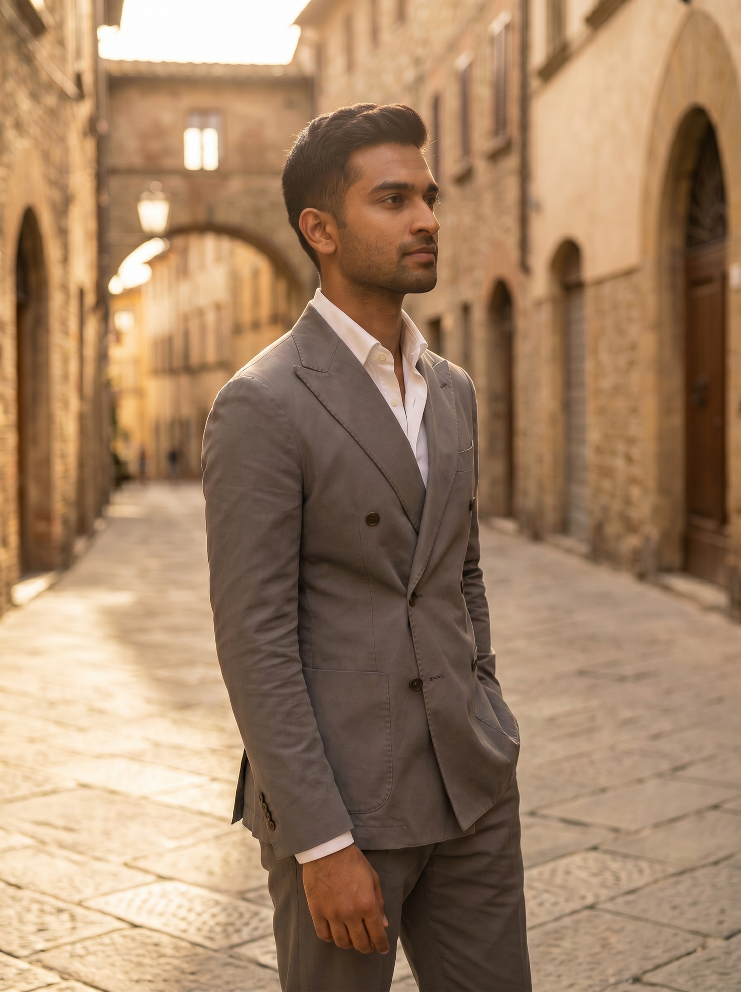 Grey Cotton Double Breasted Suit — Custom Made to Measure - side view