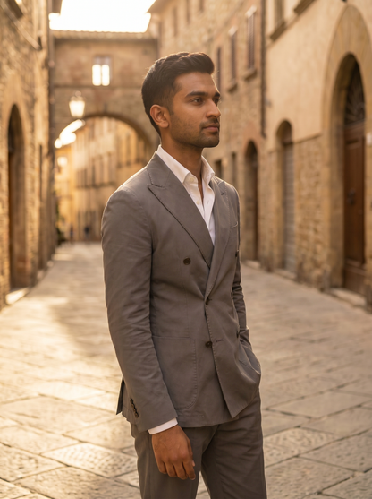 Grey Cotton Double Breasted Suit — Custom Made to Measure - side view