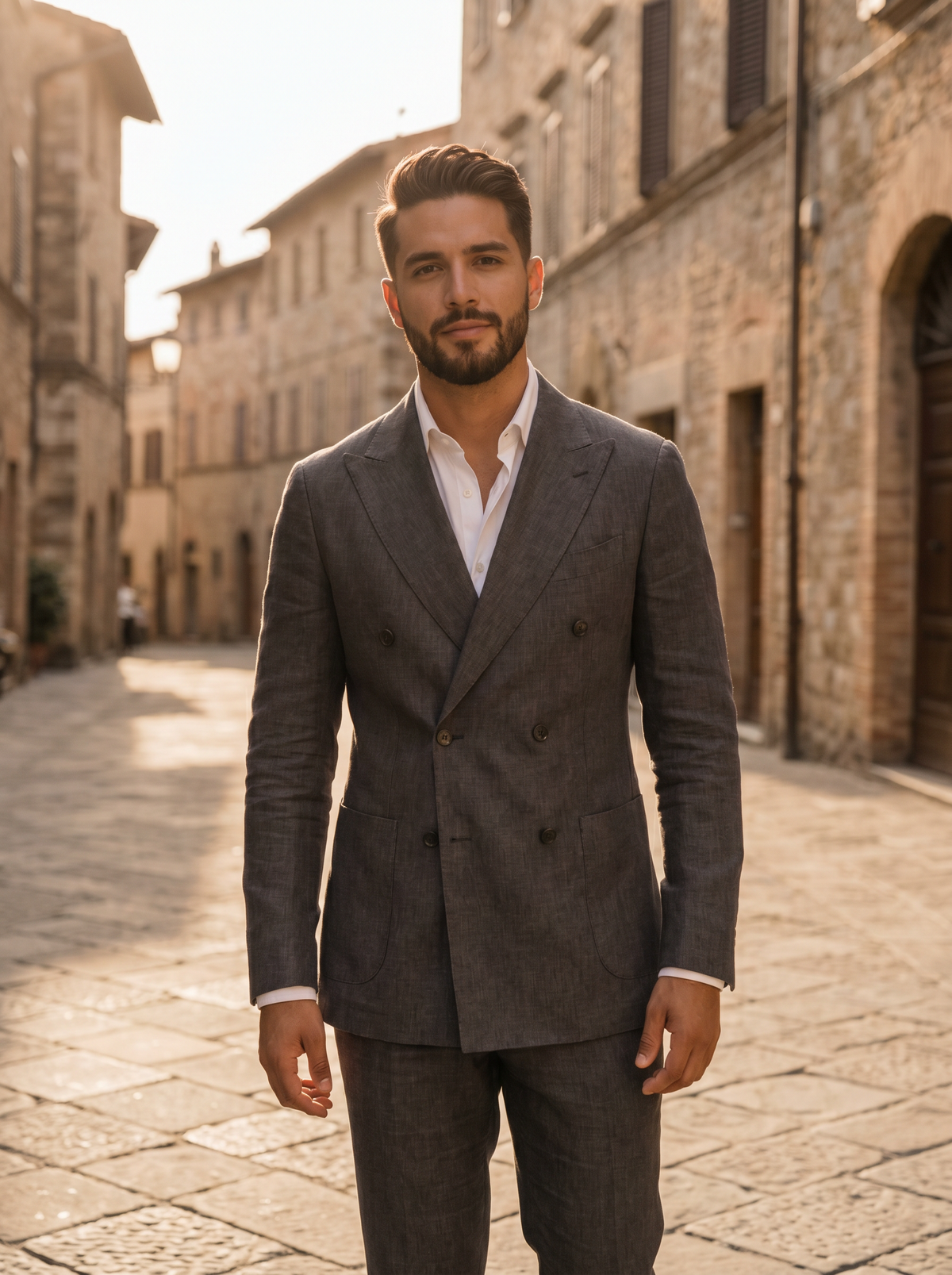 Grey Linen Double Breasted Suit — Custom Made to Measure - front view