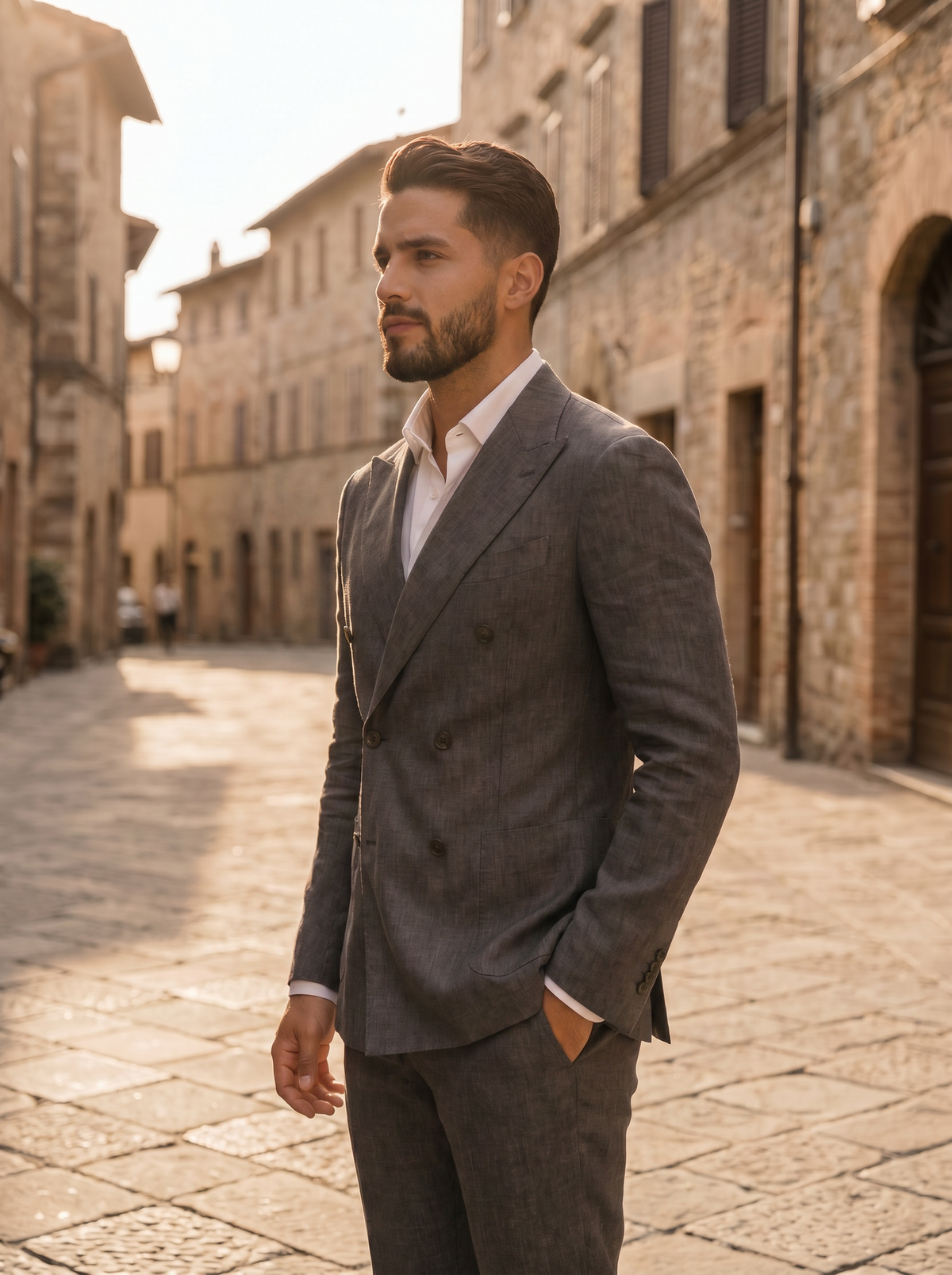 Grey Linen Double Breasted Suit — Custom Made to Measure - side view