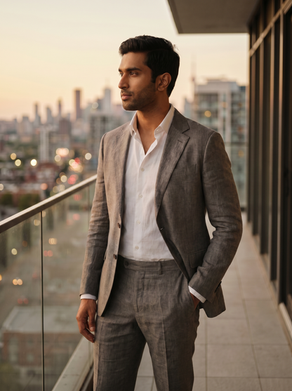 Grey Linen Groomsmen Suit — Custom Made to Measure - side view