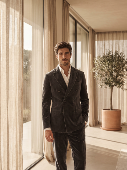 Grey Velvet Double Breasted Suit — Custom Made to Measure - front view