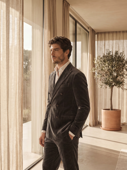 Grey Velvet Double Breasted Suit — Custom Made to Measure - side view
