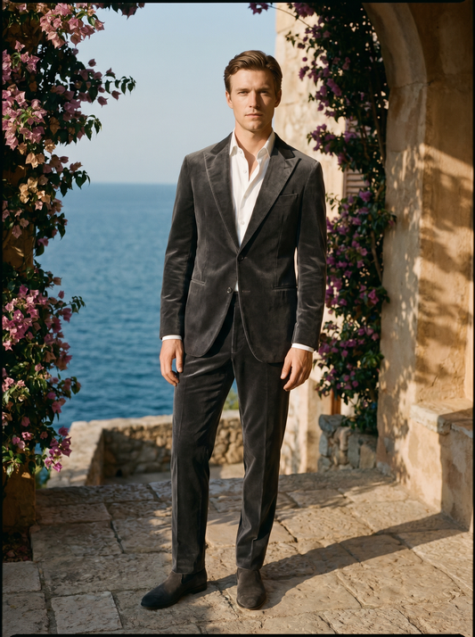 Grey Velvet Groomsmen Suit — Custom Made to Measure - front view