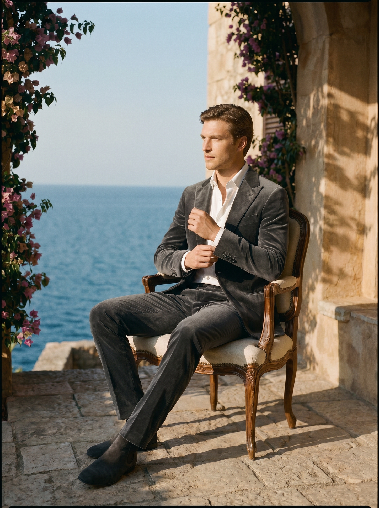 Grey Velvet Groomsmen Suit — Custom Made to Measure - seated view
