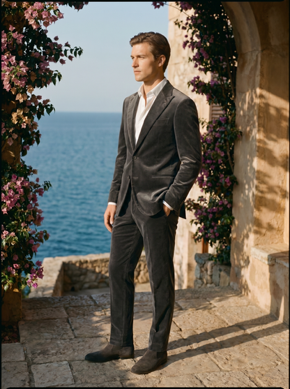 Grey Velvet Groomsmen Suit — Custom Made to Measure - side view