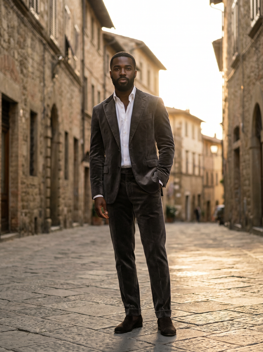 Grey Velvet Suit — Custom Made to Measure - front view