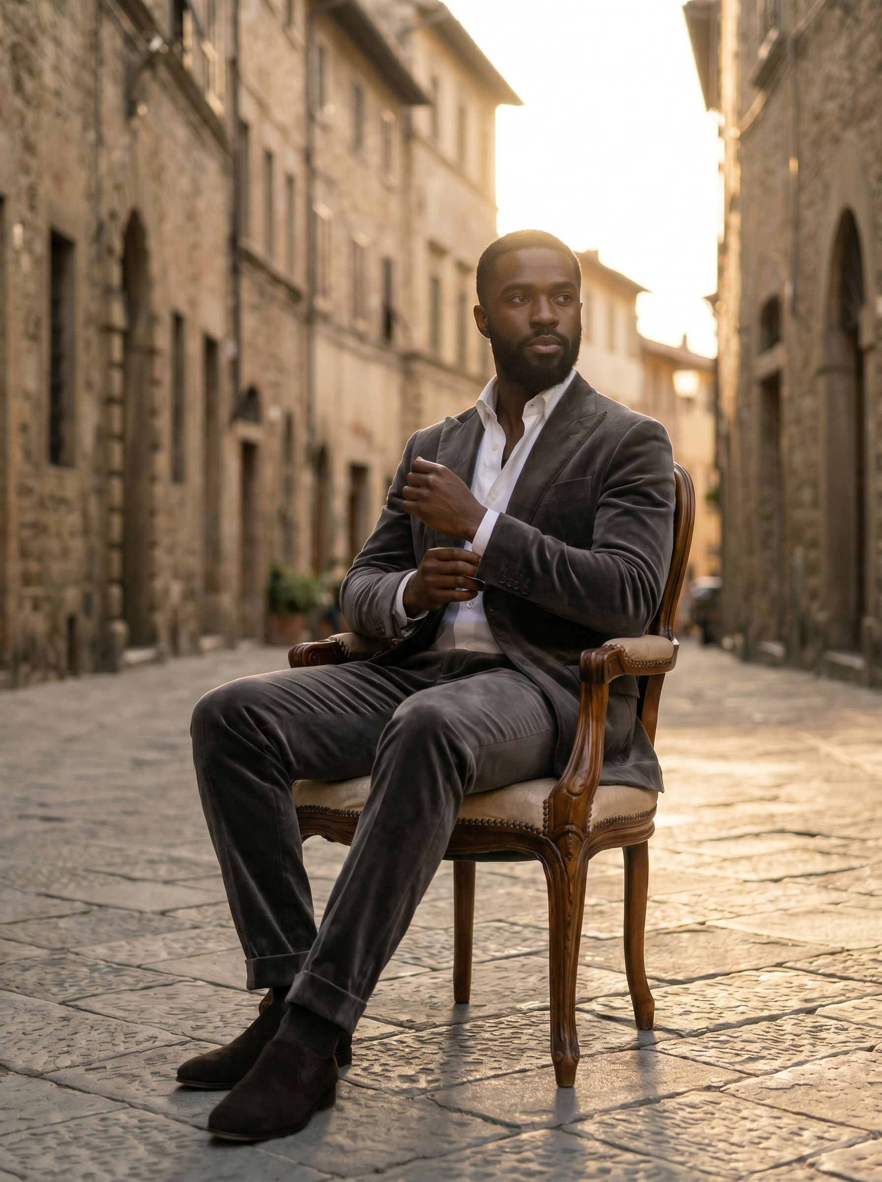 Grey Velvet Suit — Custom Made to Measure - seated view