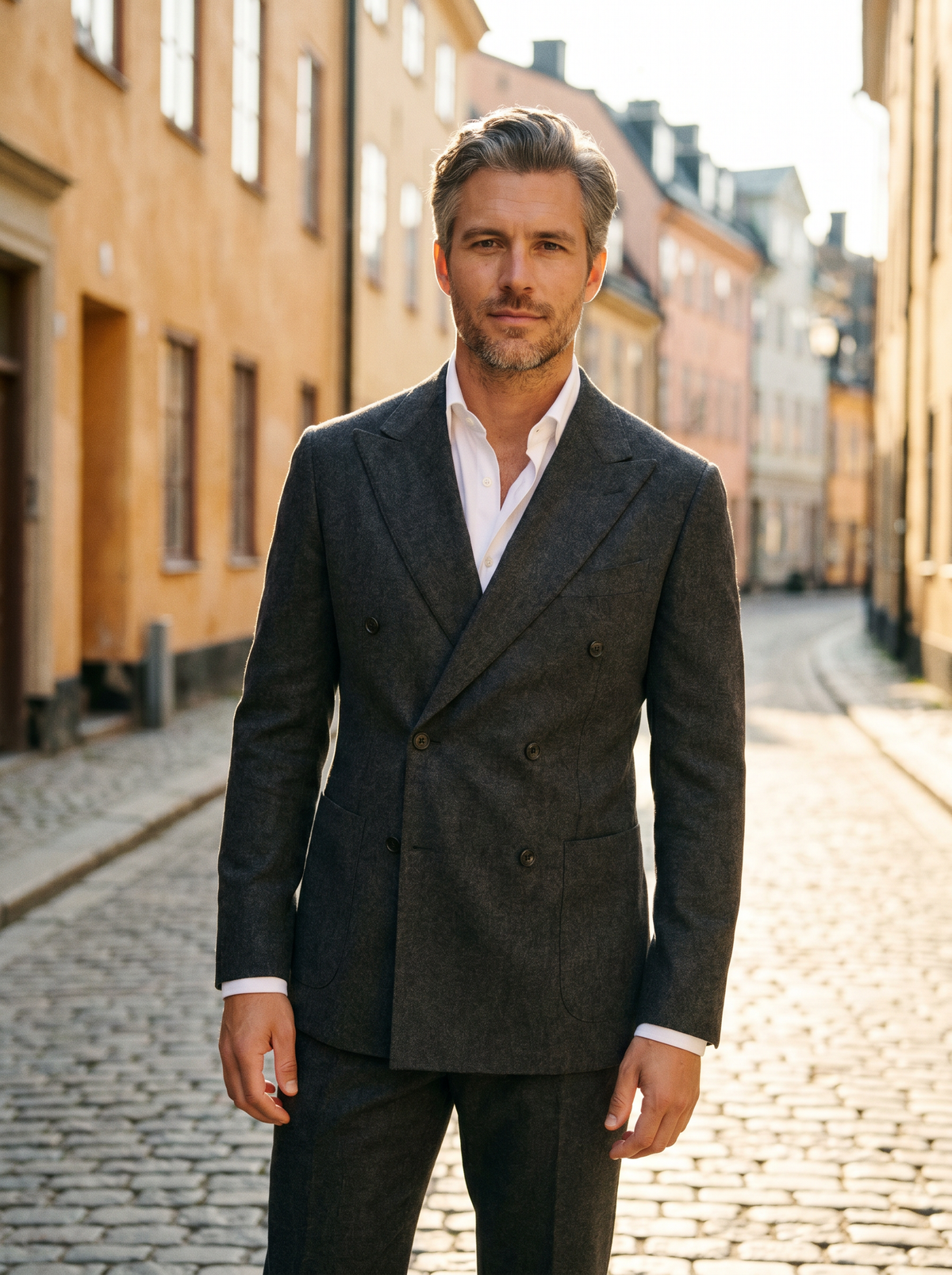 Grey Wool Double Breasted Suit — Custom Made to Measure - front view