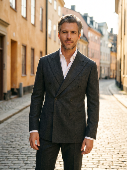 Grey Wool Double Breasted Suit — Custom Made to Measure - front view