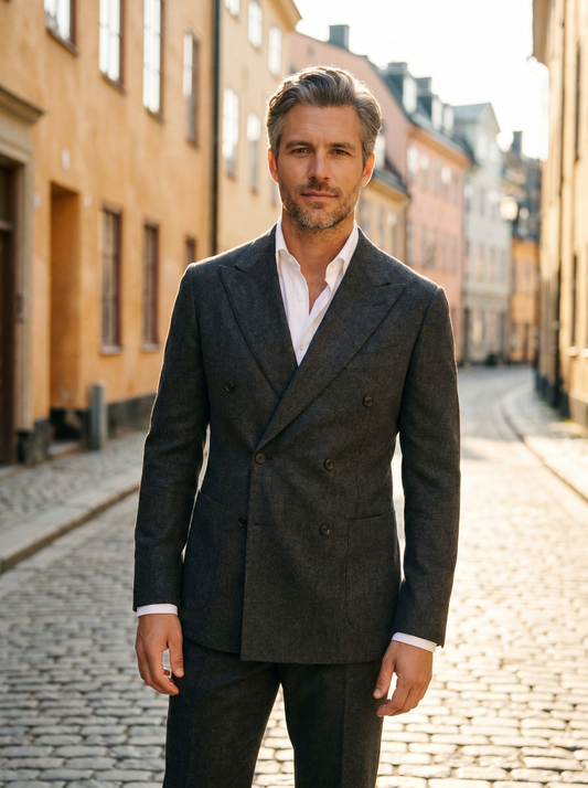 Grey Wool Double Breasted Suit — Custom Made to Measure - front view