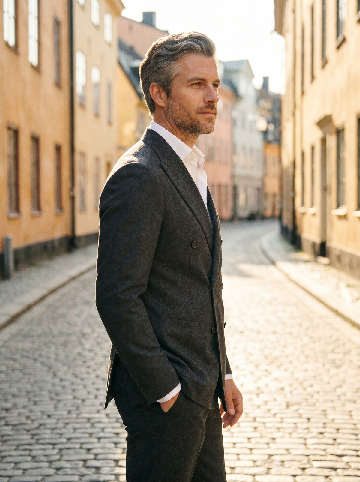 Grey Wool Double Breasted Suit — Custom Made to Measure - side view