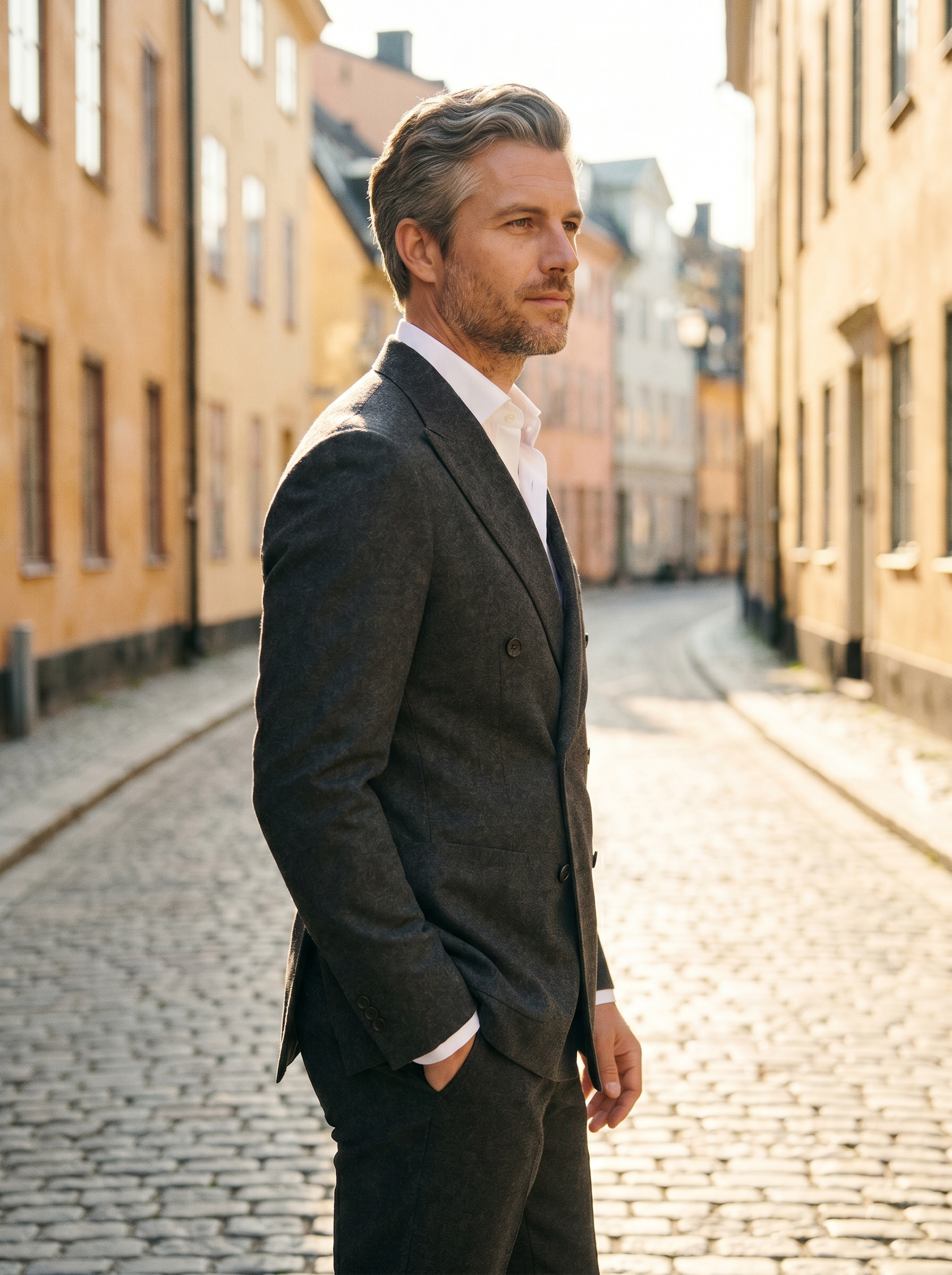 Grey Wool Double Breasted Suit — Custom Made to Measure - side view