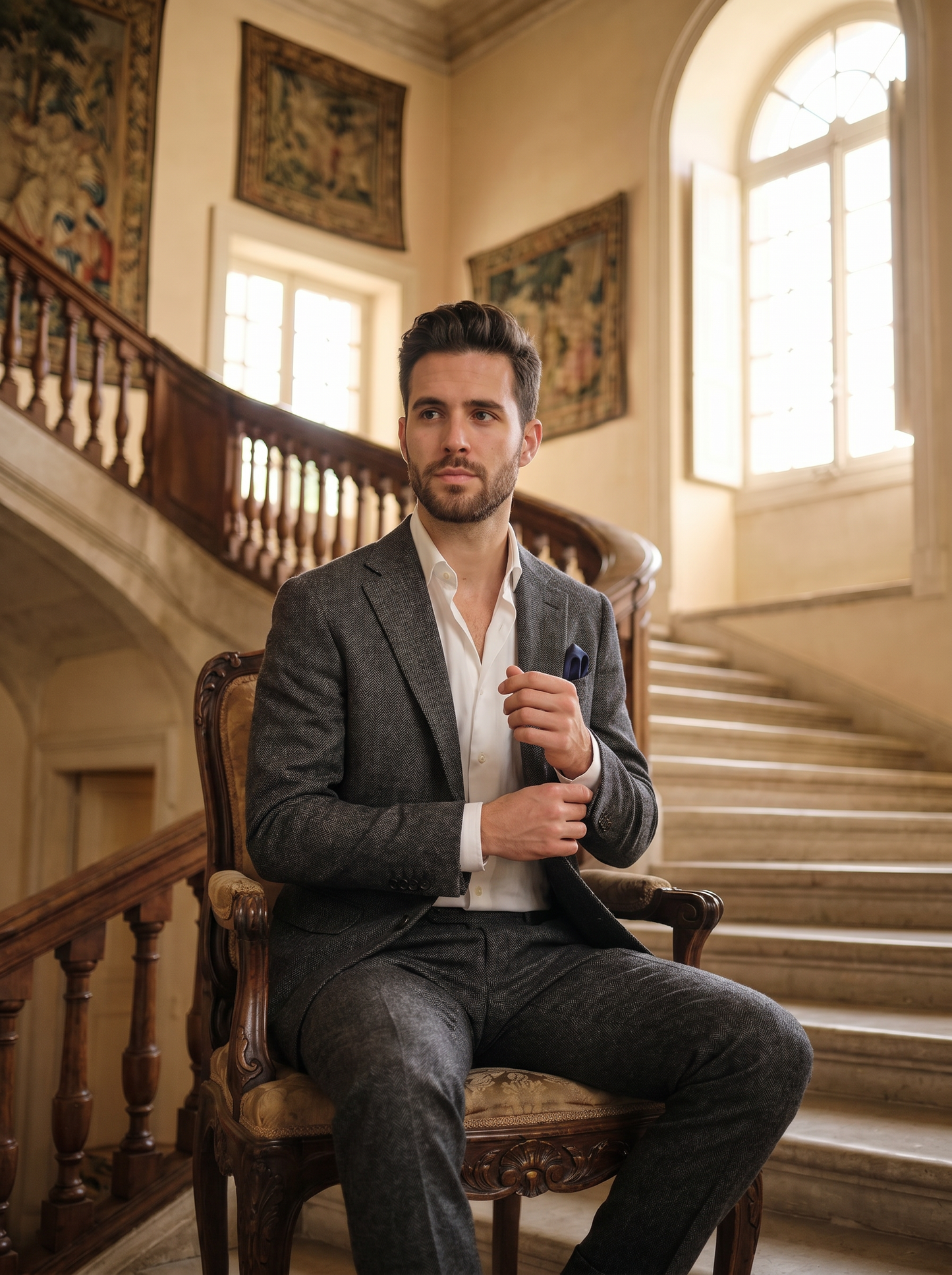 Grey Wool Groomsmen Suit — Custom Made to Measure - seated view
