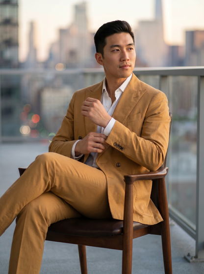Honey Cotton Double Breasted Suit — Custom Made to Measure - seated view
