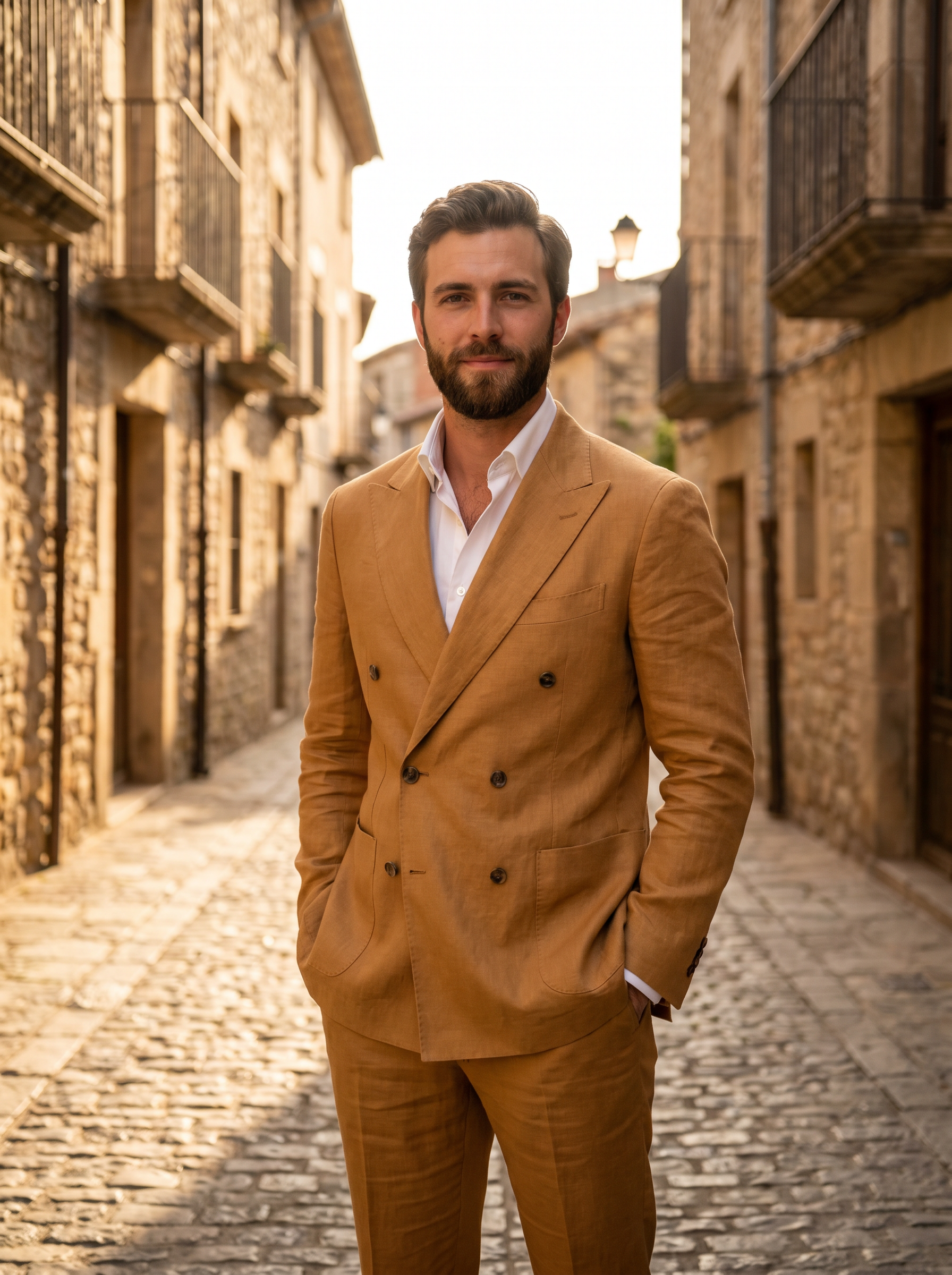 Honey Linen Double Breasted Suit — Custom Made to Measure - front view