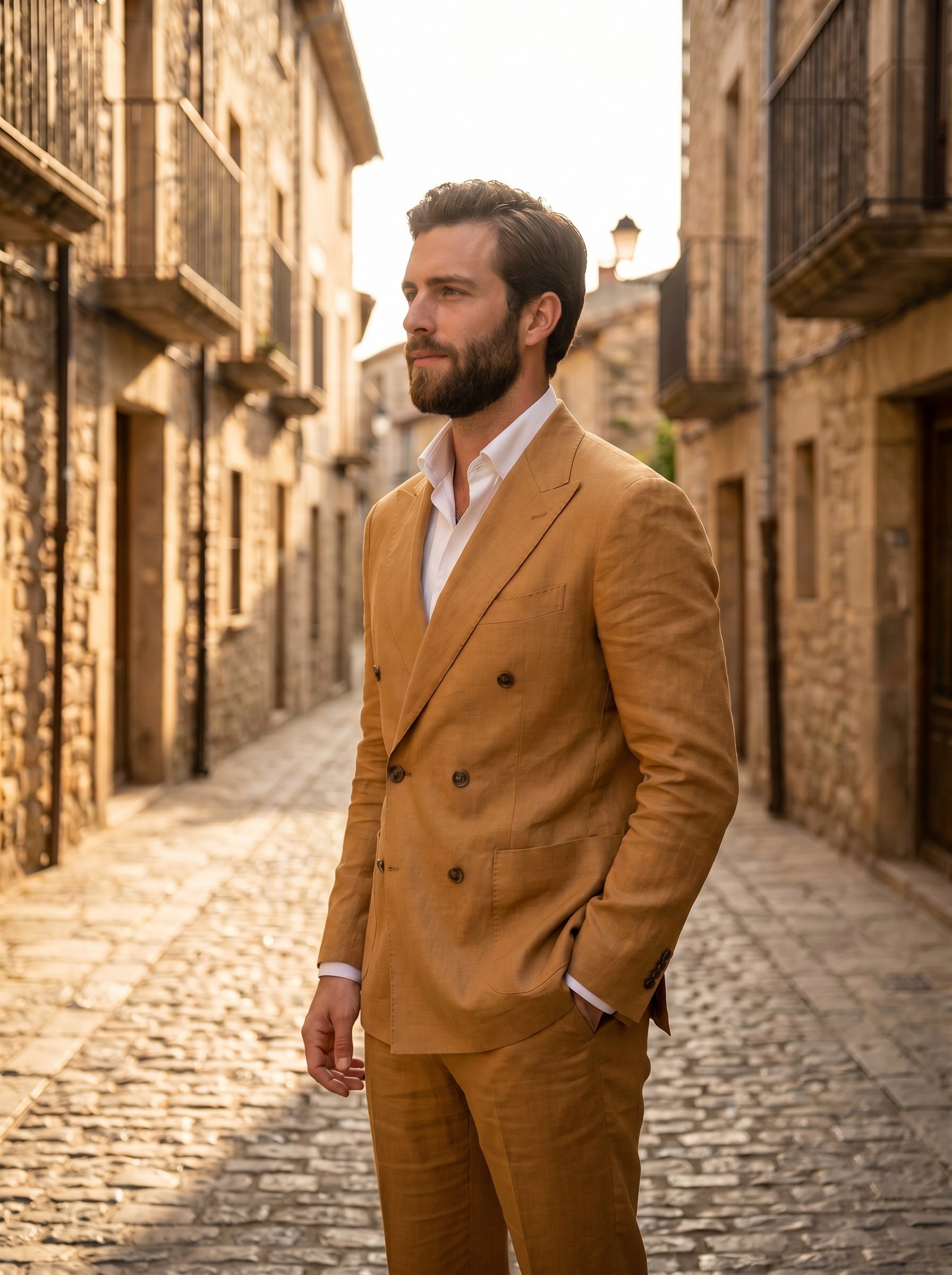 Honey Linen Double Breasted Suit — Custom Made to Measure - side view
