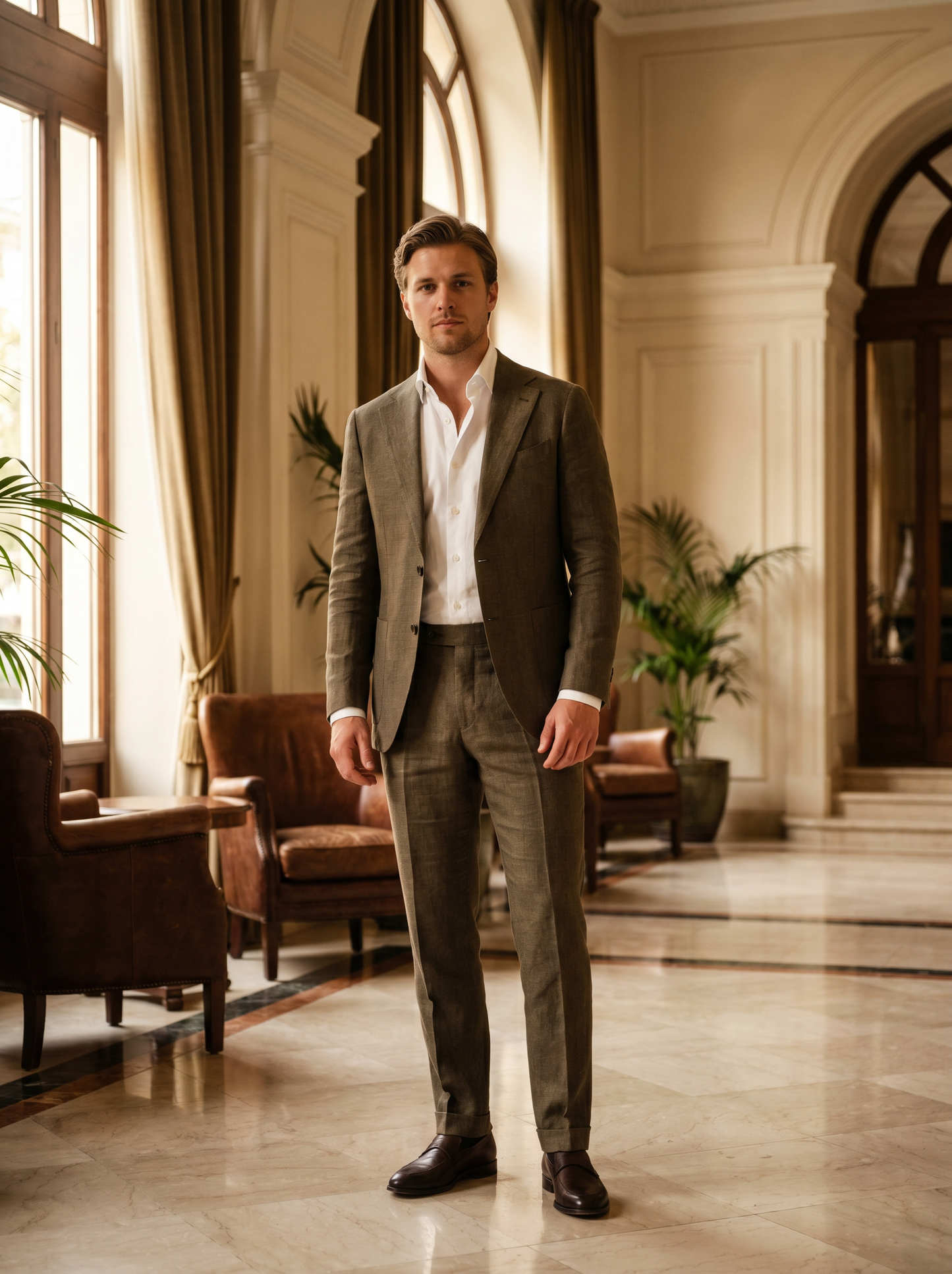 Honey Linen Groomsmen Suit — Custom Made to Measure - front view