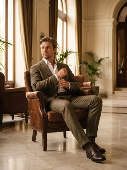 Honey Linen Groomsmen Suit — Custom Made to Measure - seated view