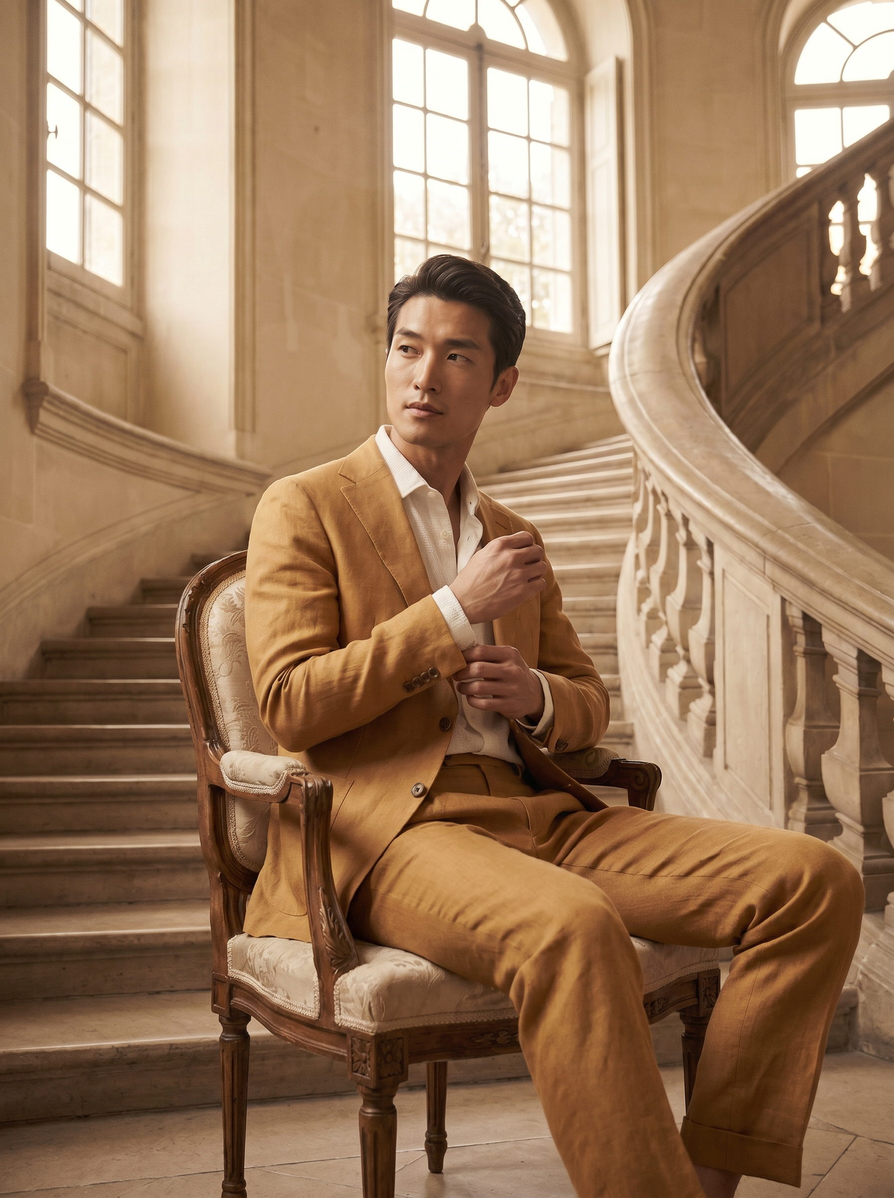 Honey Linen Suit — Custom Made to Measure - seated view