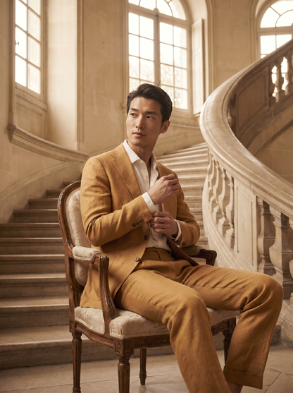 Honey Linen Suit — Custom Made to Measure - seated view