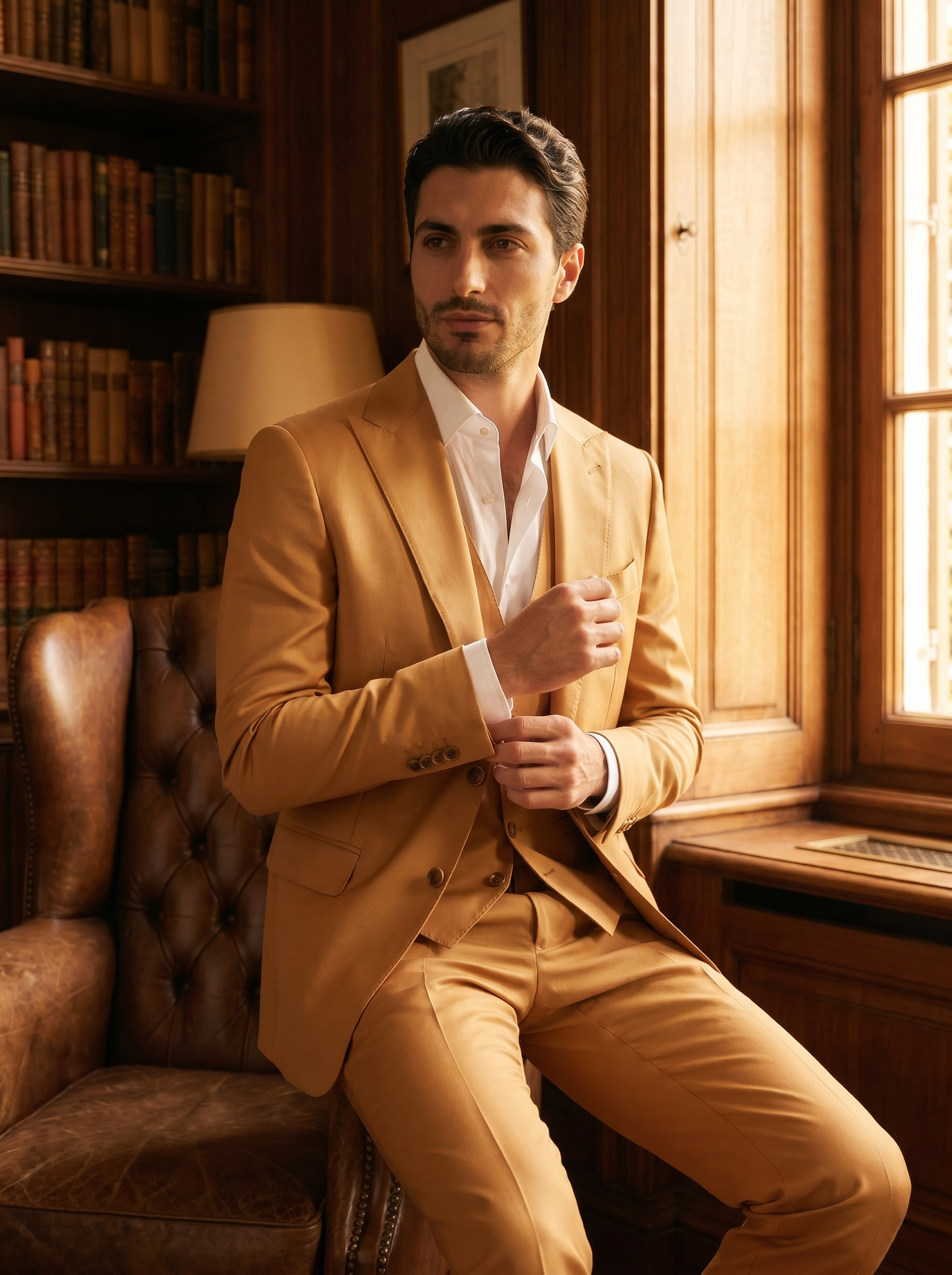 Honey Silk Blend 3-Piece Suit — Custom Made to Measure - seated view
