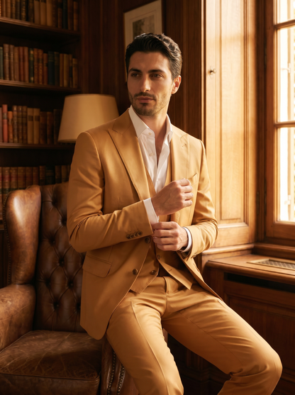 Honey Silk Blend 3-Piece Suit — Custom Made to Measure - seated view