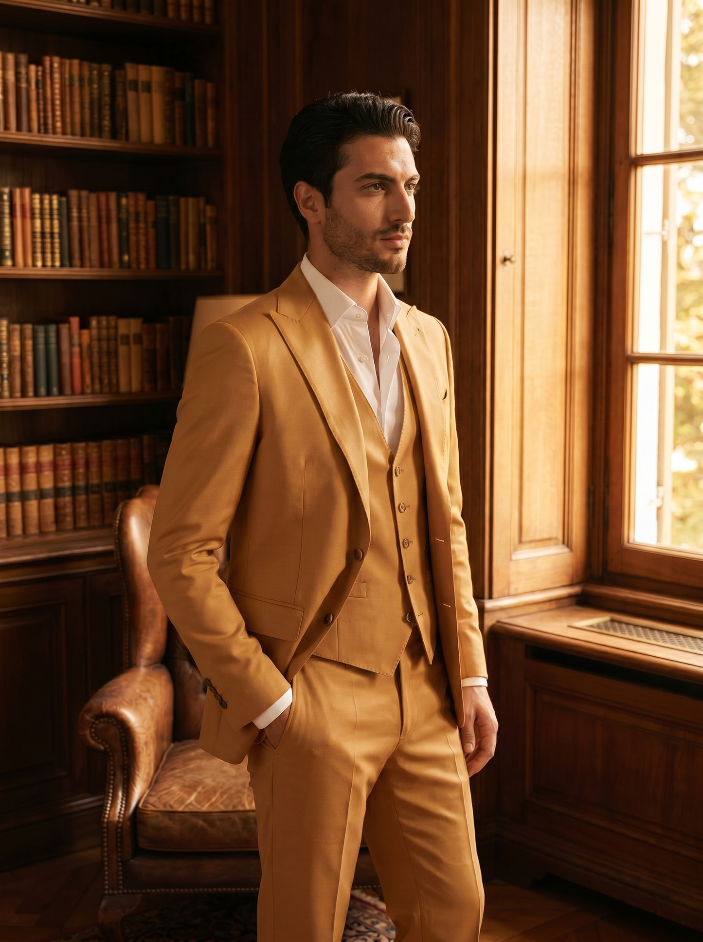 Honey Silk Blend 3-Piece Suit — Custom Made to Measure - side view