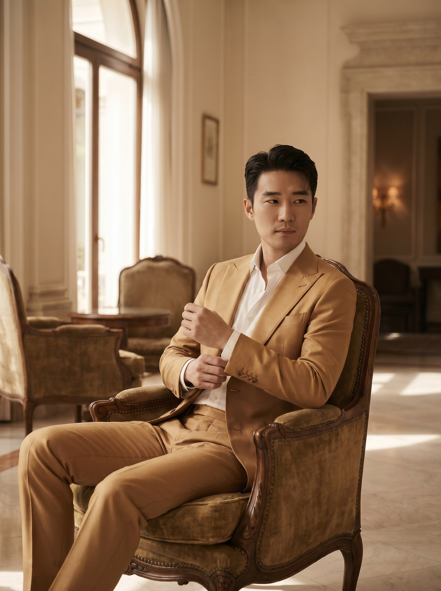 Honey Silk Blend Suit — Custom Made to Measure - seated view