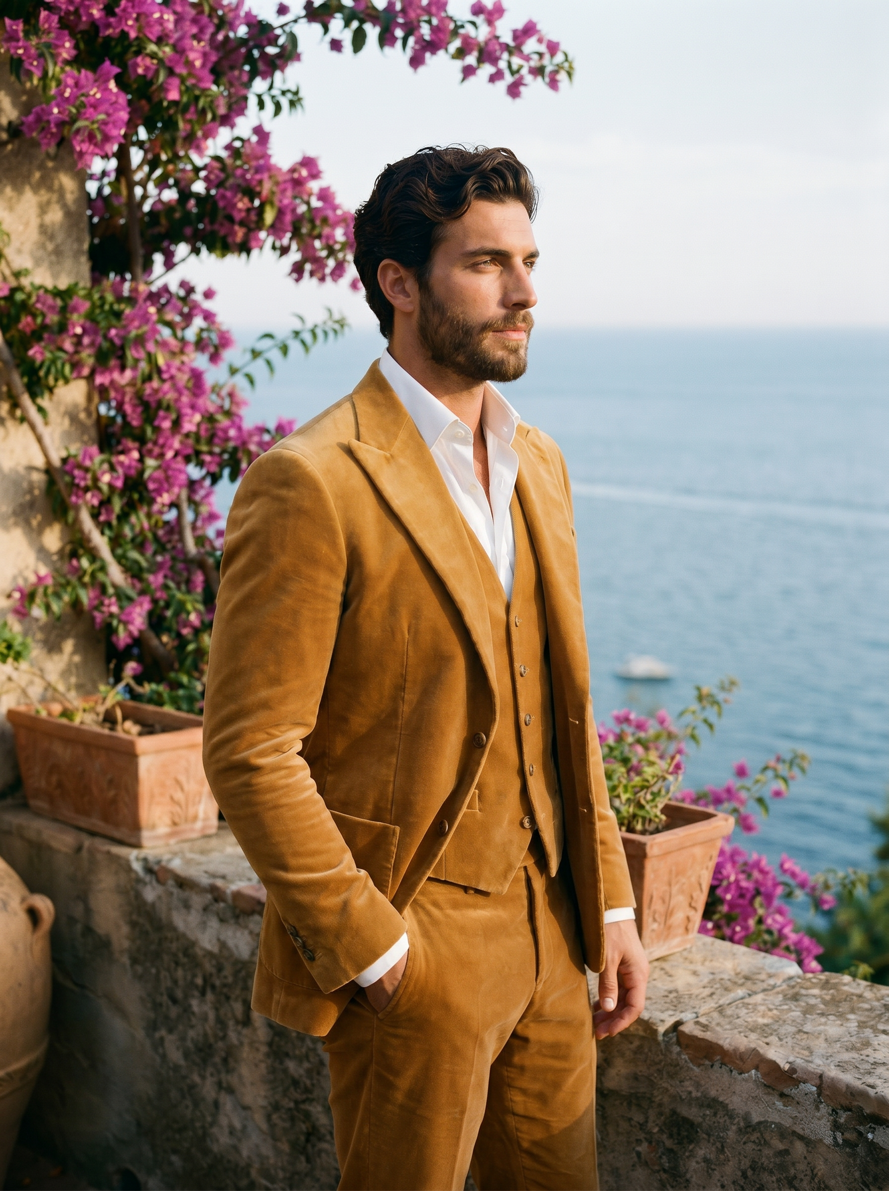 Honey Velvet 3-Piece Suit — Custom Made to Measure - side view