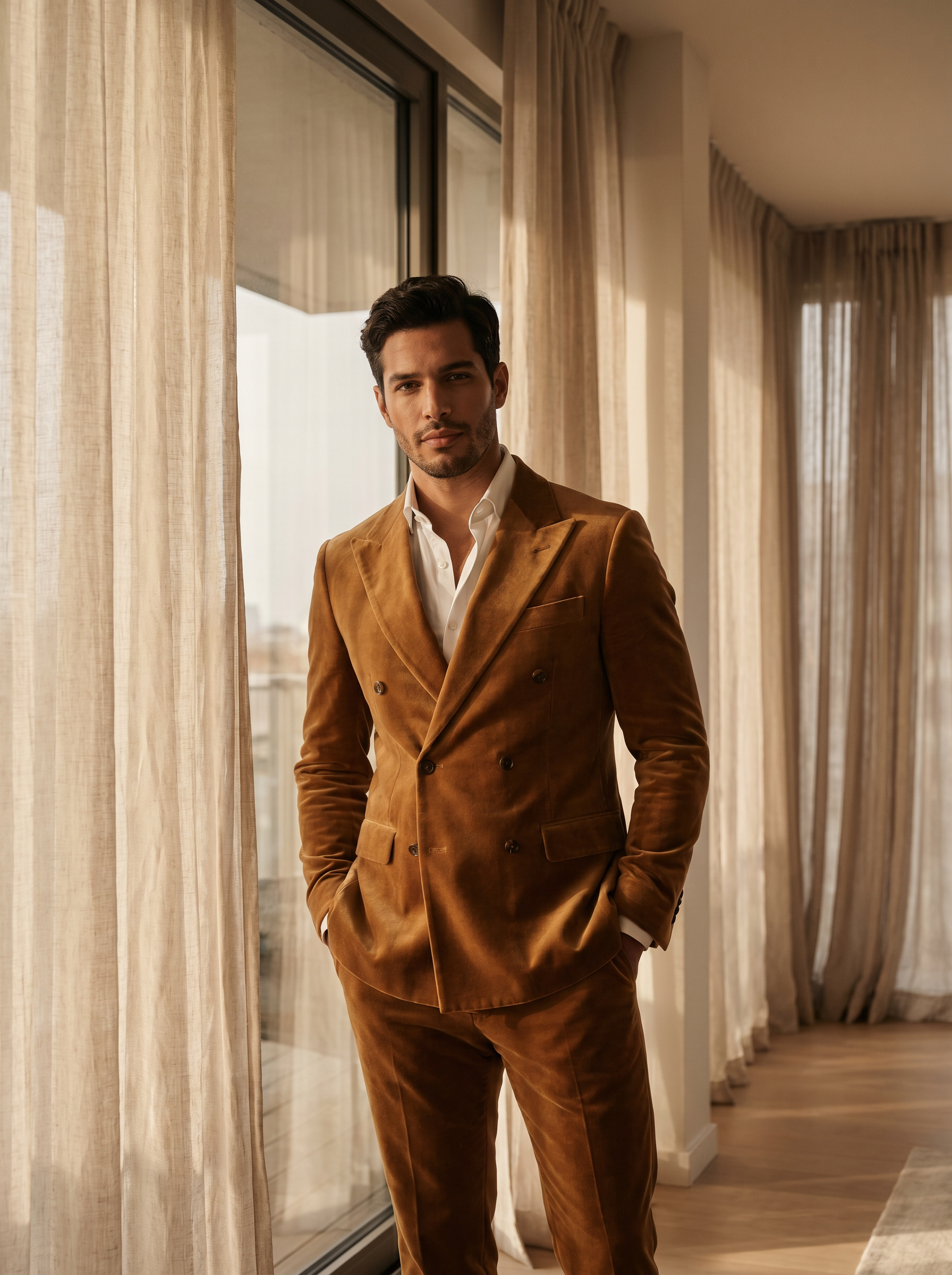 Honey Velvet Double Breasted Suit — Custom Made to Measure - front view