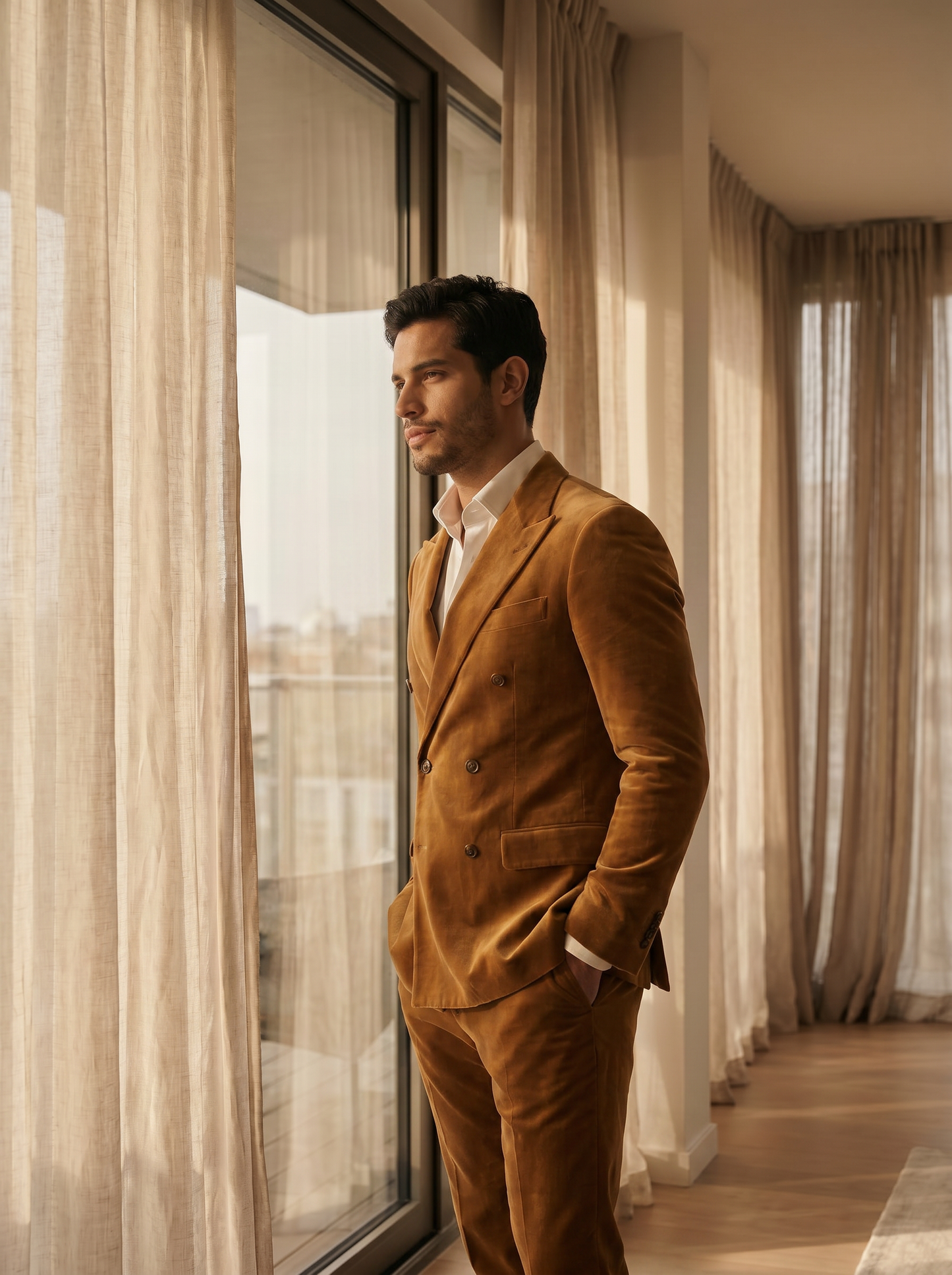 Honey Velvet Double Breasted Suit — Custom Made to Measure - side view