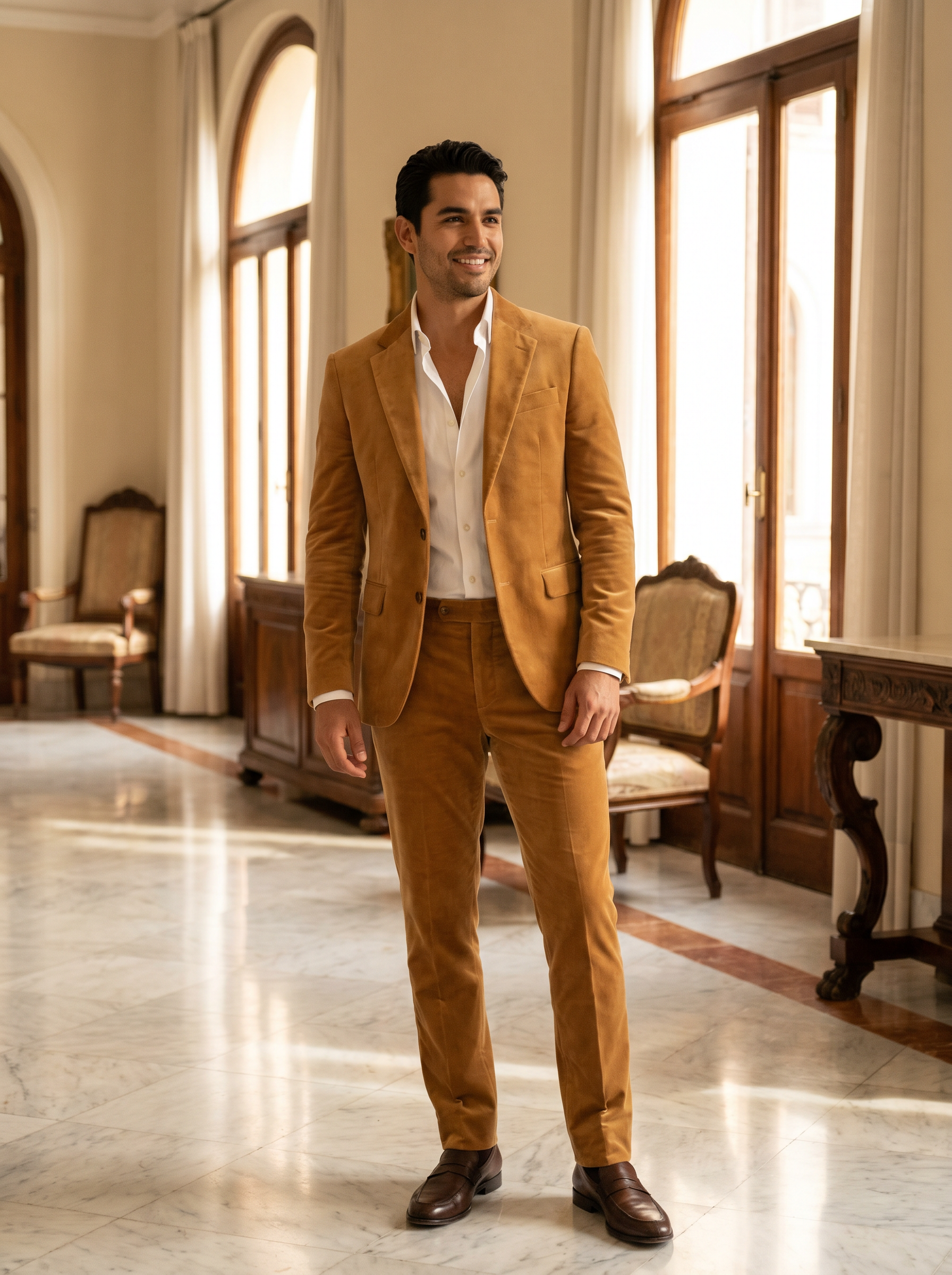 Honey Velvet Groomsmen Suit — Custom Made to Measure - front view