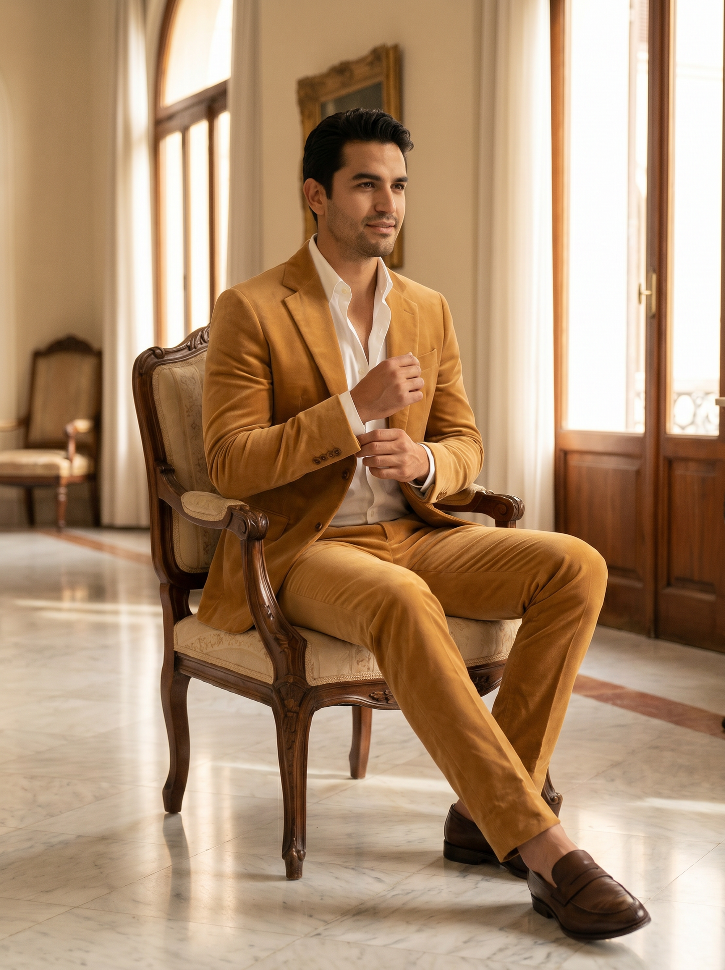 Honey Velvet Groomsmen Suit — Custom Made to Measure - seated view