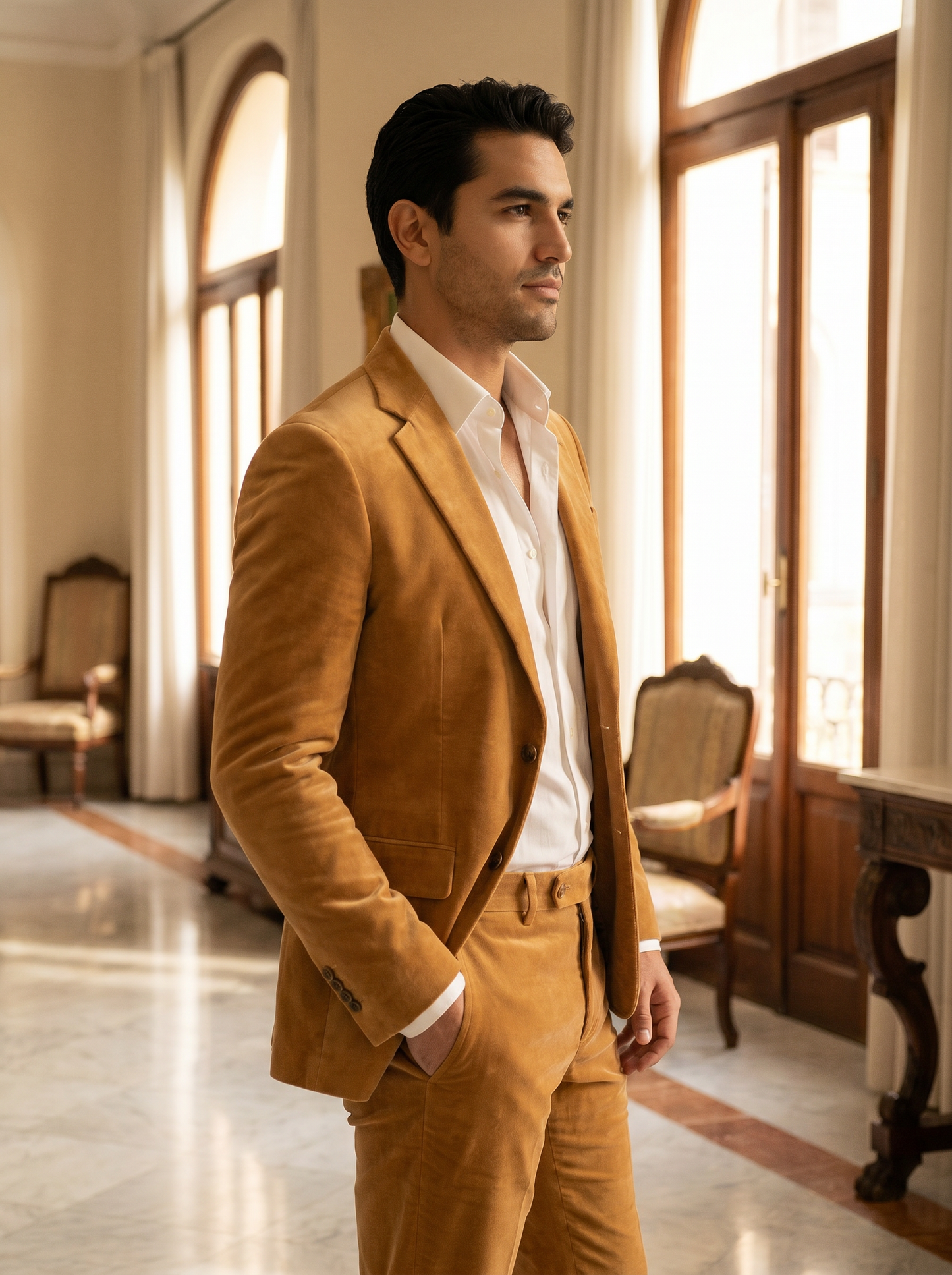 Honey Velvet Groomsmen Suit — Custom Made to Measure - side view