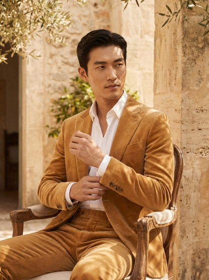 Honey Velvet Suit — Custom Made to Measure - seated view