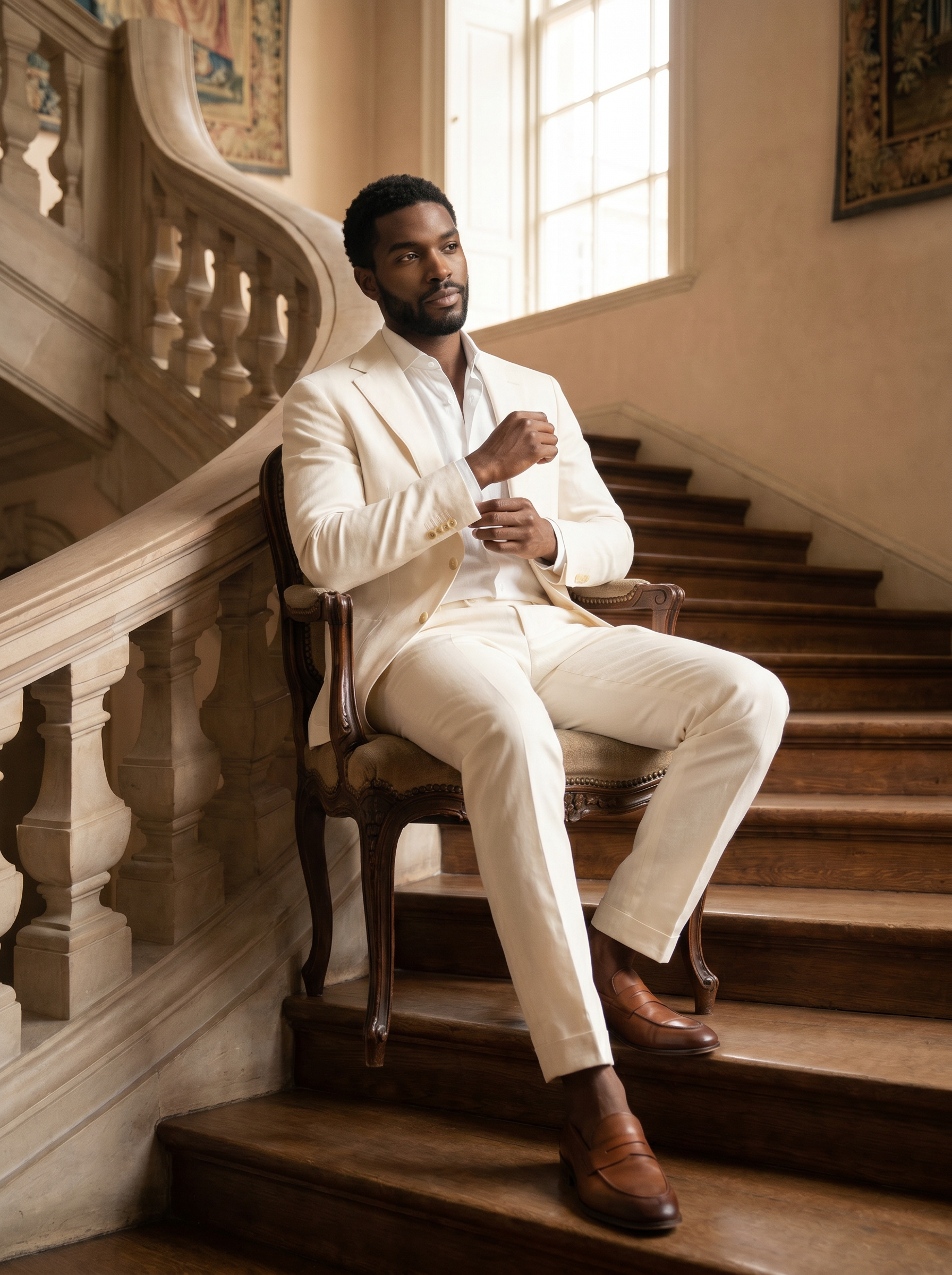 Ivory Cotton Suit — Custom Made to Measure - seated view