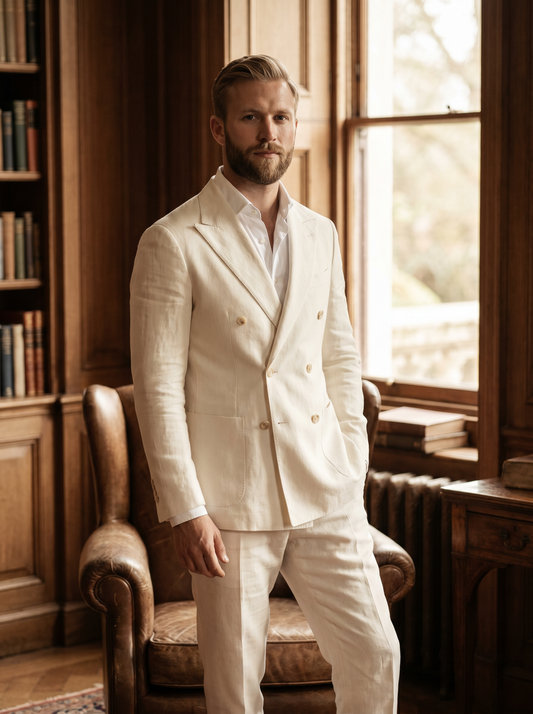 Ivory Linen Double Breasted Suit — Custom Made to Measure - front view
